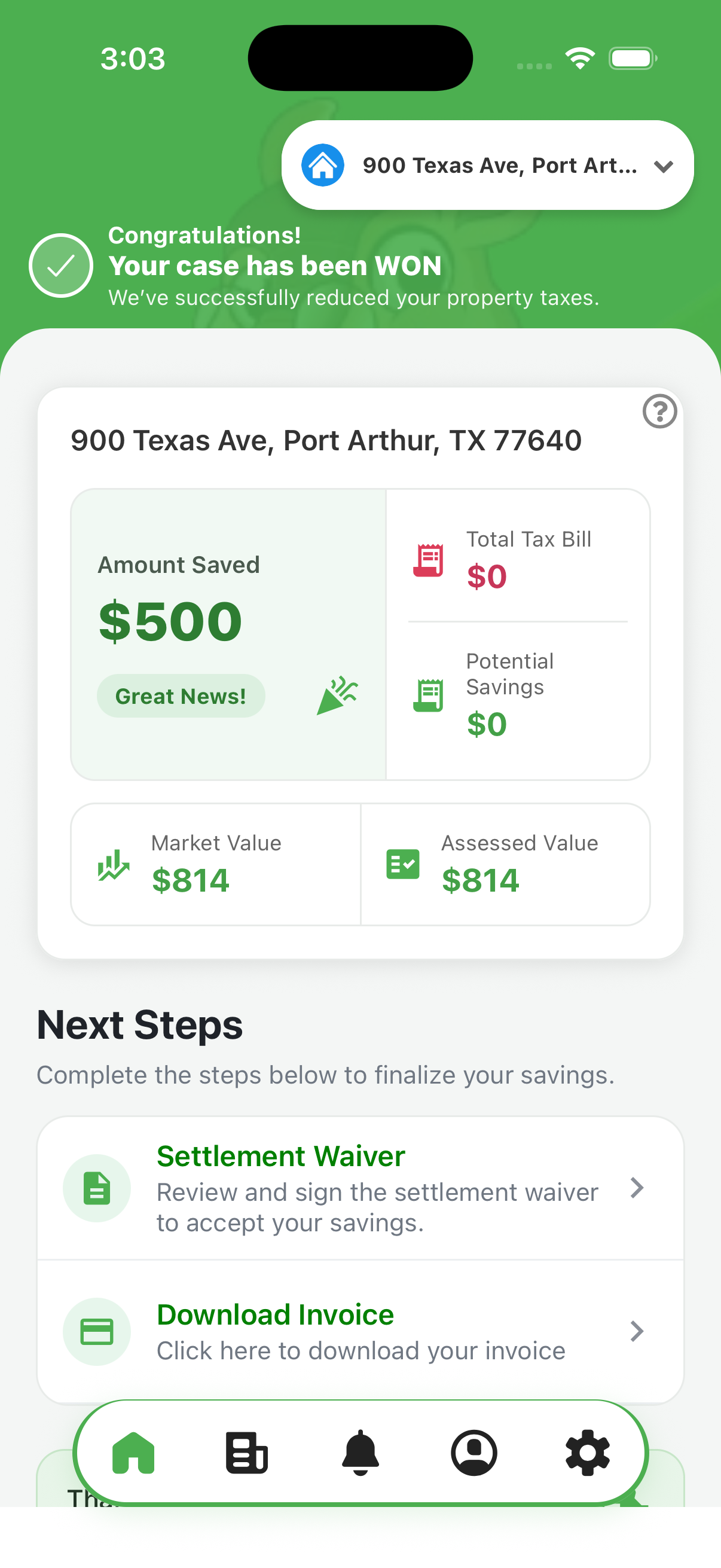 The Andy App showing a won property tax case, the amount saved, and the next steps to finalise the refund.