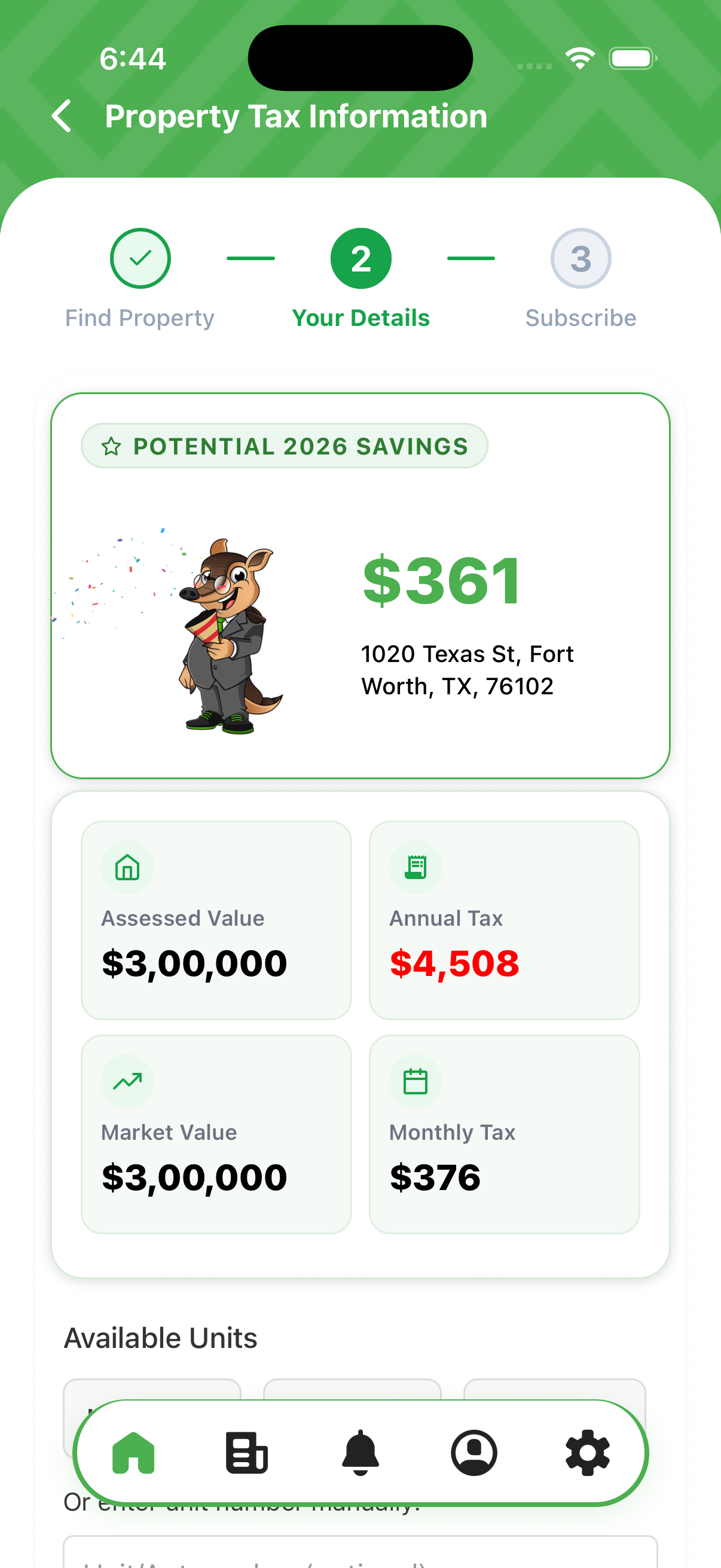 The Andy App property tax screen, showing potential savings for a Fort Worth home alongside its assessed value, market value, and annual and monthly tax.